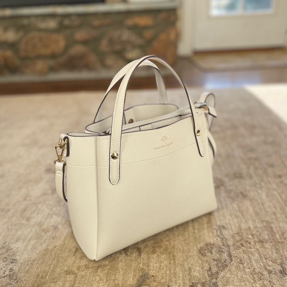 Nanette Lepore Cream Pebbled Leather Satchel with Gold Hardware